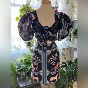 PatBo Puff Sleeve front tie peekaboo mini dress horses birds flowers